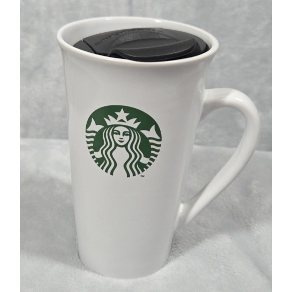 STARBUCKS White 12 Oz 2013 Travel Mug Green Mermaid Logo Black Lid 0757